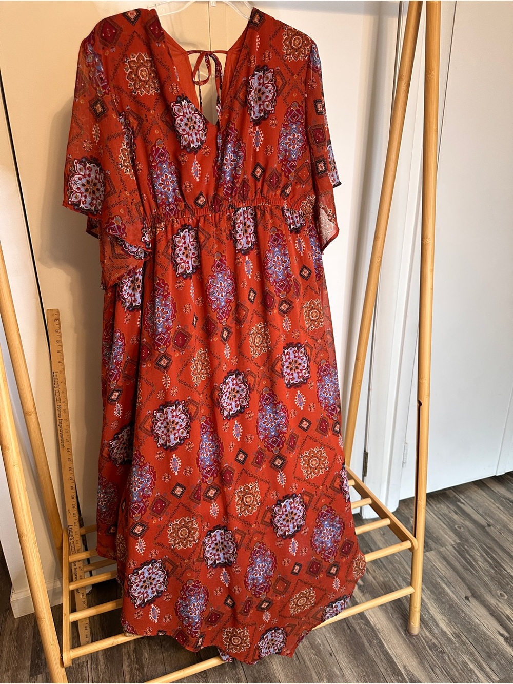 Maurices Red Boho Maxi Dress with Purple Accents